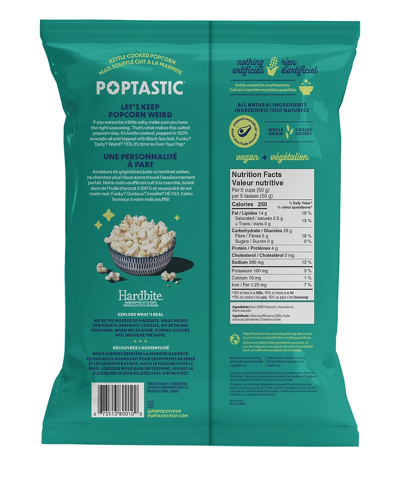 Poptastic Sel Marin Noir Popcorn 130g, Mais Souffle Cuit a la Marmite