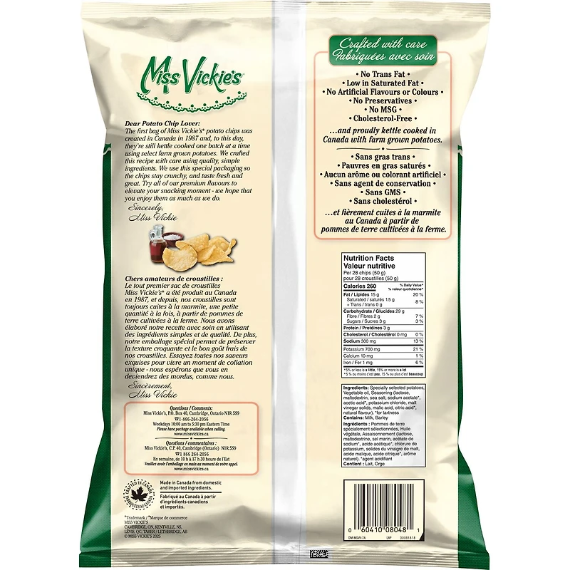 Miss Vickie's Sea Salt & Malt Vinegar Kettle Cooked Potato Chips, 325 g.