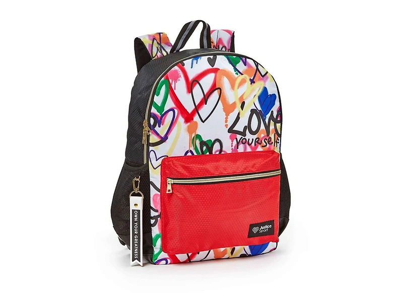 Sac à dos à compartiments multiples en nylon imprimé coeur Tie Dye pour filles de marque Justice™ Sac à dos de 17 po avec porte-clés en relief en caoutchouc texturé