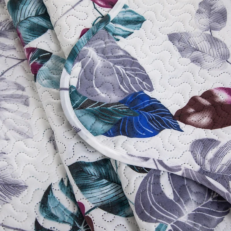 Marina Decoration Rich Printed Embossed Pinsonic Coverlet Bedset Couvre-lit Ultra Doux Literie Été Quilt Ensemble avec Taies d'oreiller, Motif de Feuilles Vertes Modernes