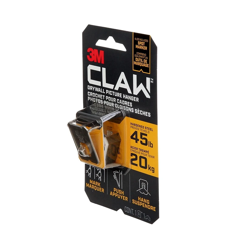 3M™ CLAW Drywall Picture Hanger with Temporary Spot Marker 3PH45M-1EF, Holds 45 lbs