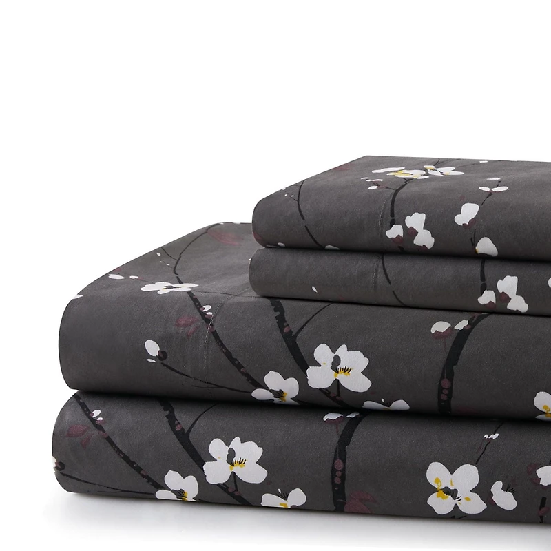 Literie toutes saisons en percale de coton à fibres longues, 600 fils au pouce carré, motif floral gris, motif de fleurs de prunier