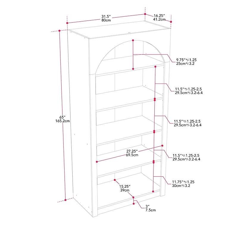 CorLiving Caldwell Engineered Wood Arched Top Adult Bookcase with 5 Shelves