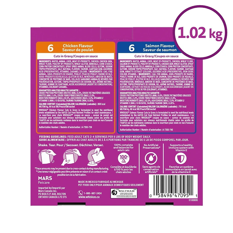Nourriture humide pour chats adultes WHISKAS FAVORIS coupes en sauce en format variété – saveur de poulet et saveur de saumon