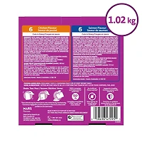 Nourriture humide pour chats adultes WHISKAS FAVORIS coupes en sauce en format variété – saveur de poulet et saveur de saumon