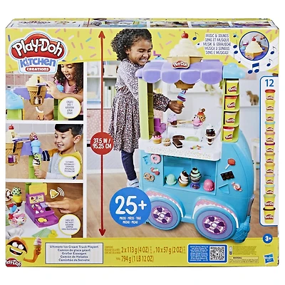 Play-Doh Kitchen Creations, Camion de glace géant, inclut 27 accessoires, 12 pots de pâte à modeler, sons réalistes