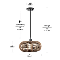 Novogratz x Globe Electric Trancoso 1-Light Metal Pendant Light, Rattan Shade, Black Socket, Black Fabric Hanging Cord, 61063