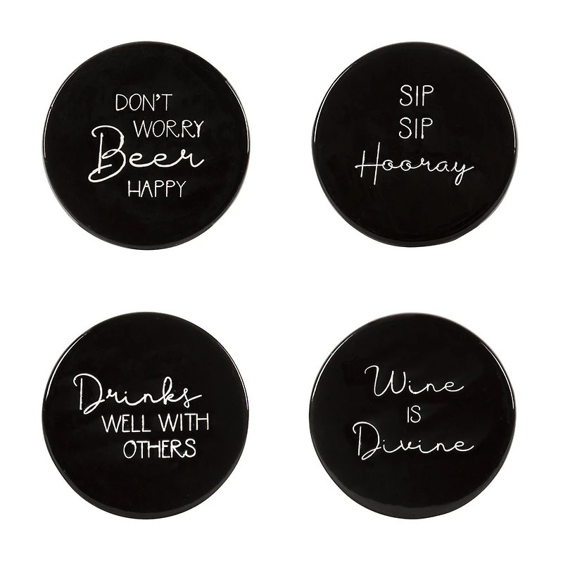 Linden Porcelain 4 Piece Coaster Set with Black Finish, Assorted Sayings, 3.9in Diameter