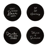 Linden Porcelain 4 Piece Coaster Set with Black Finish, Assorted Sayings, 3.9in Diameter