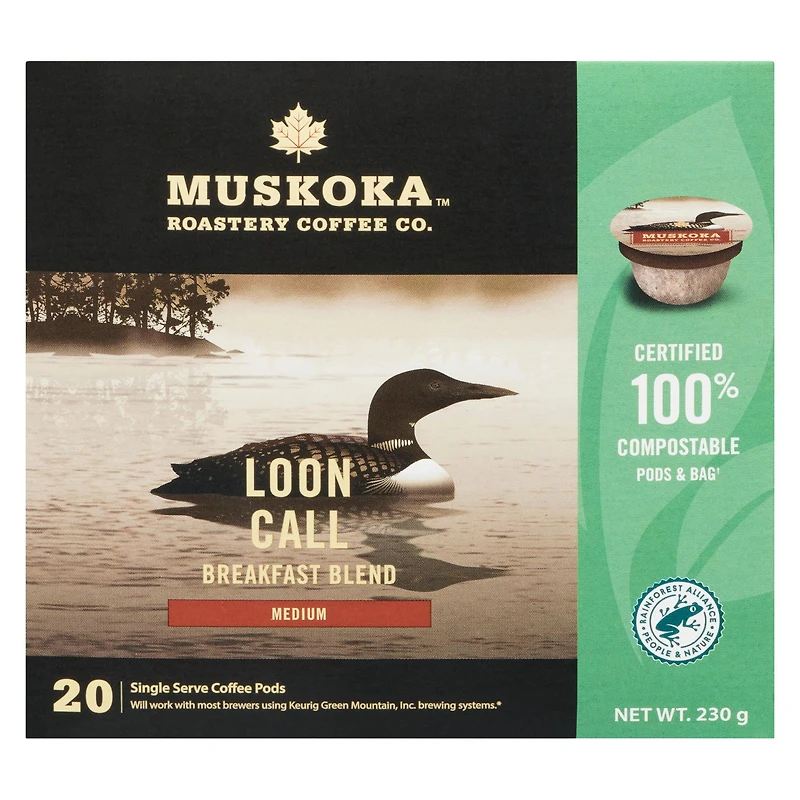 Dosettes de café Mélange Appel du Huard pour le petit-déjeuner de Muskoka Roastery Coffee Co. à torréfaction moyenne en emballage d'une portion