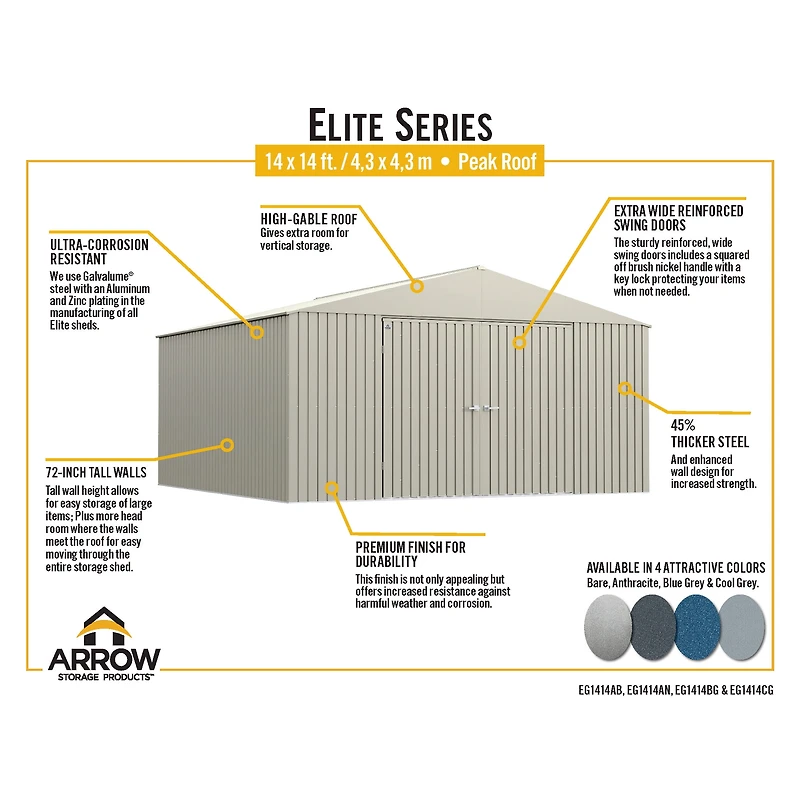 Arrow Elite 14 x 14 x 8 ft Anthracite Steel Storage Shed