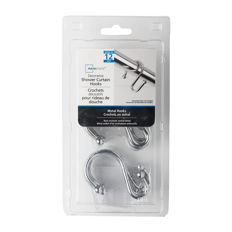 Mainstays S-Shaped Decorative Shower Curtain Hooks, Assorted Finishes, Set of 12