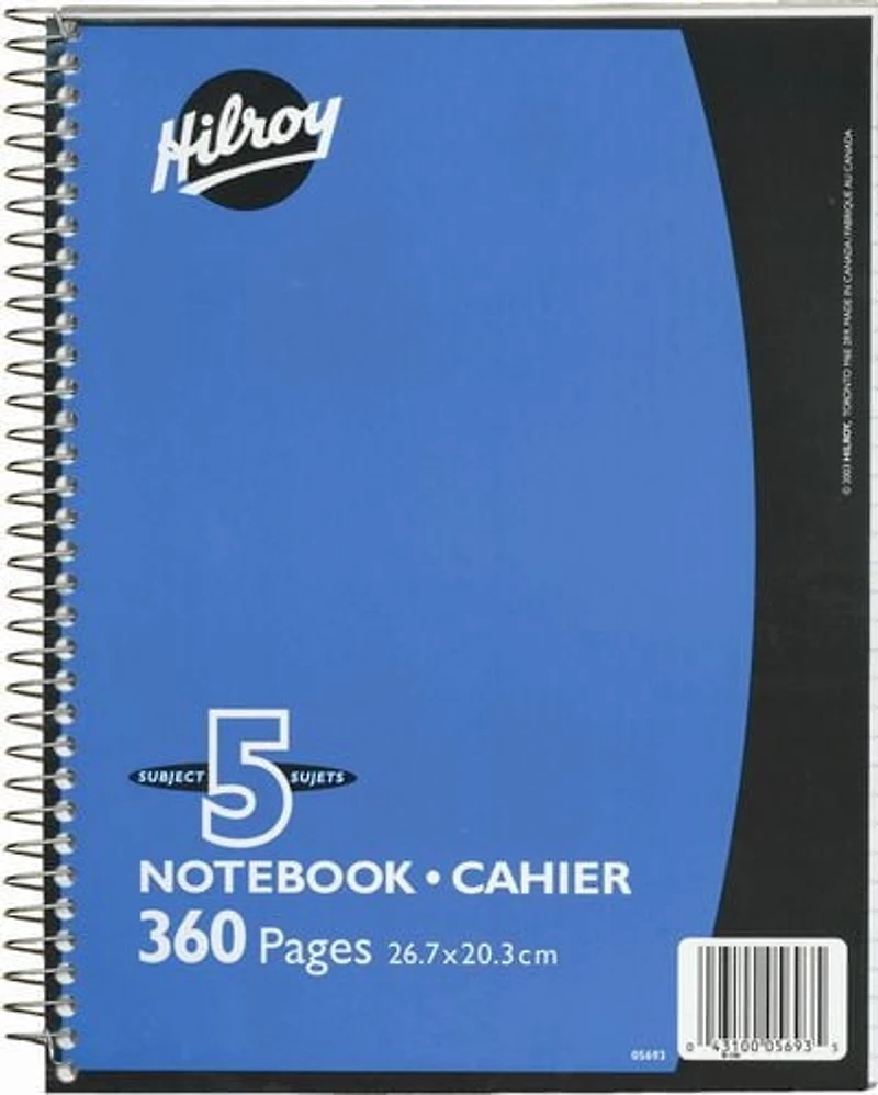 Hilroy Coil Notebook with Margin, 5 Subject , 10-½ X 8, 360 Pages, Assorted Colours, 5 Subject Notebook