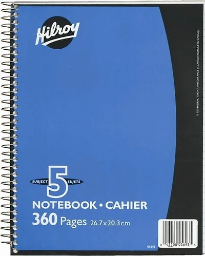 Hilroy Coil Notebook with Margin, 5 Subject , 10-½ X 8, 360 Pages, Assorted Colours, 5 Subject Notebook