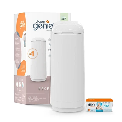 Diaper Genie Essence Diaper Pail, White, Odour-Locking Clamps, 9 Easy Roll bags / holds up to 423 diapers