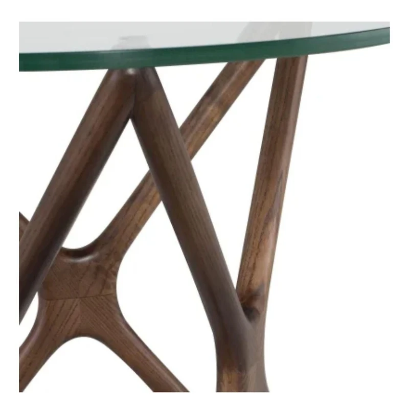 Table de bout Star avec plateau en verre et base en bois en forme d'étoile