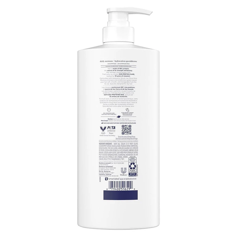 Dove Daily Moisture Shampoo for Dry Hair, with Liquid Bio-Protein Care and Hyaluronic Serum, 828mL, 828 ML