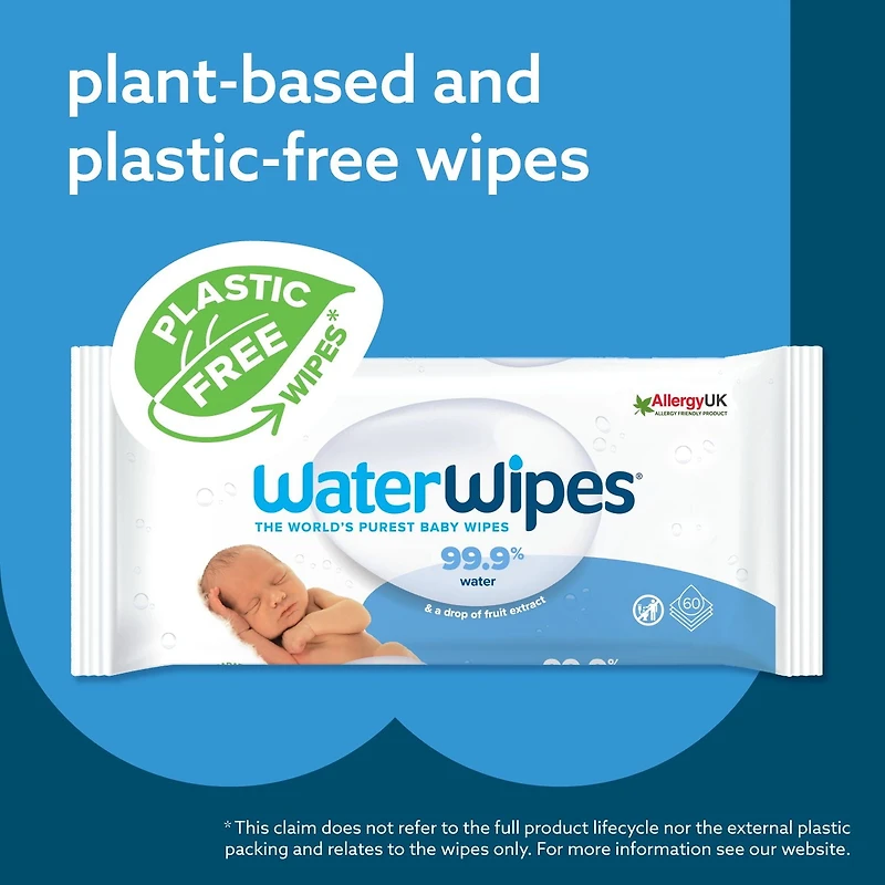 Lingettes pour bébé WaterWipes Original à base d'eau à 99,9 %, non parfumées, 1 paquet refermable (60 lingettes)