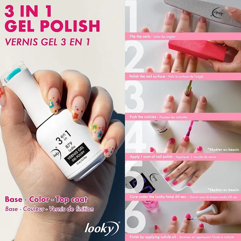 Looky 3-in-1 Gel Nail Polish, Combined Base, Color, Top Coat, Salon Quality Manicure at Home DIY, Easy Application Nail Lacquer Enamel, Quick UV LED Curing, Long Lasting Color, 15ml (0.5fl oz) 16+ sha
