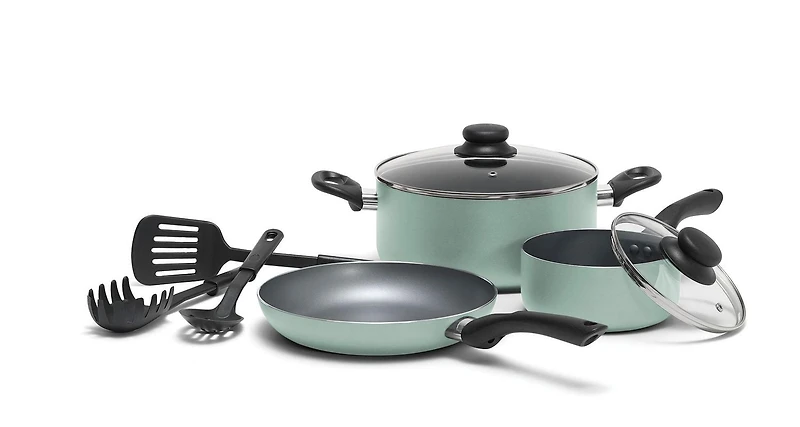 Starbasix Batterie de cuisine antiadhésive 8-pièces, couvercles en verre trempé - Sauge