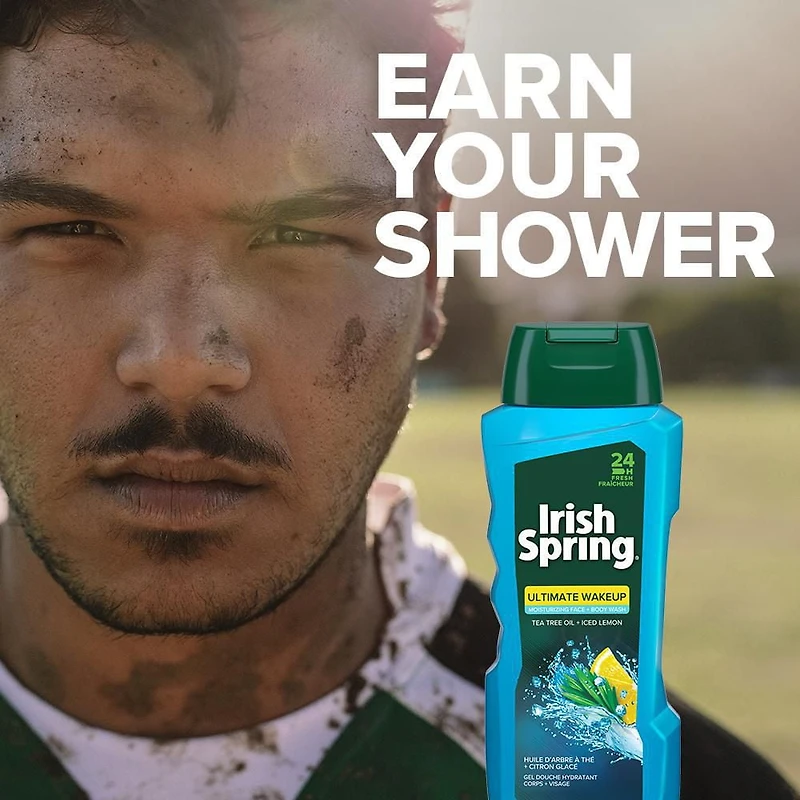 Irish Spring Ultimate Wake Up Tea Tree Face & Body Wash for men, Moisturizing body wash washes away bacteria - 18 fluid ounce (532mL).