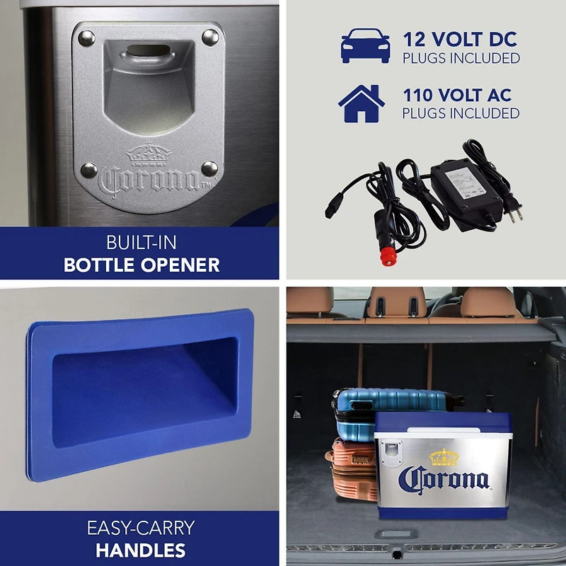 Corona 44-Quart Cruiser Iceless Cooler with Bottle Opener, 12V Travel Fridge, Holds 24 Bottles