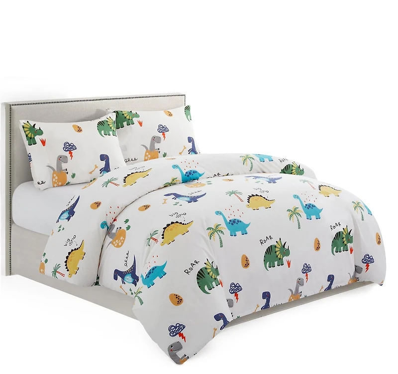 Marina Decoration Kids Boys Toddlers Cute Printed 600 Thread Count Soft Cotton Blend Percale Duvet Cover Fitted Sheet Ensemble Bedding Set, Cartoon Dinosaur Zoo Dino Pattern