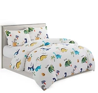 Marina Decoration Kids Boys Toddlers Cute Printed 600 Thread Count Soft Cotton Blend Percale Duvet Cover Fitted Sheet Ensemble Bedding Set, Cartoon Dinosaur Zoo Dino Pattern