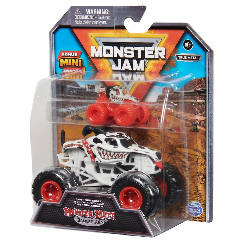 Monster Jam, Monster truck officiel en métal moulé Dalmatian, échelle 1:64, avec mini-véhicule collector à l'échelle 1:87 en cadeau, jouets pour filles et garçons à partir de 3 ans