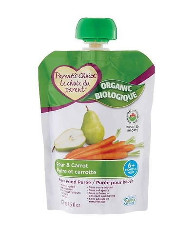 Purée biologique pour bébé Le Choix du Parent à saveur de poire et carotte