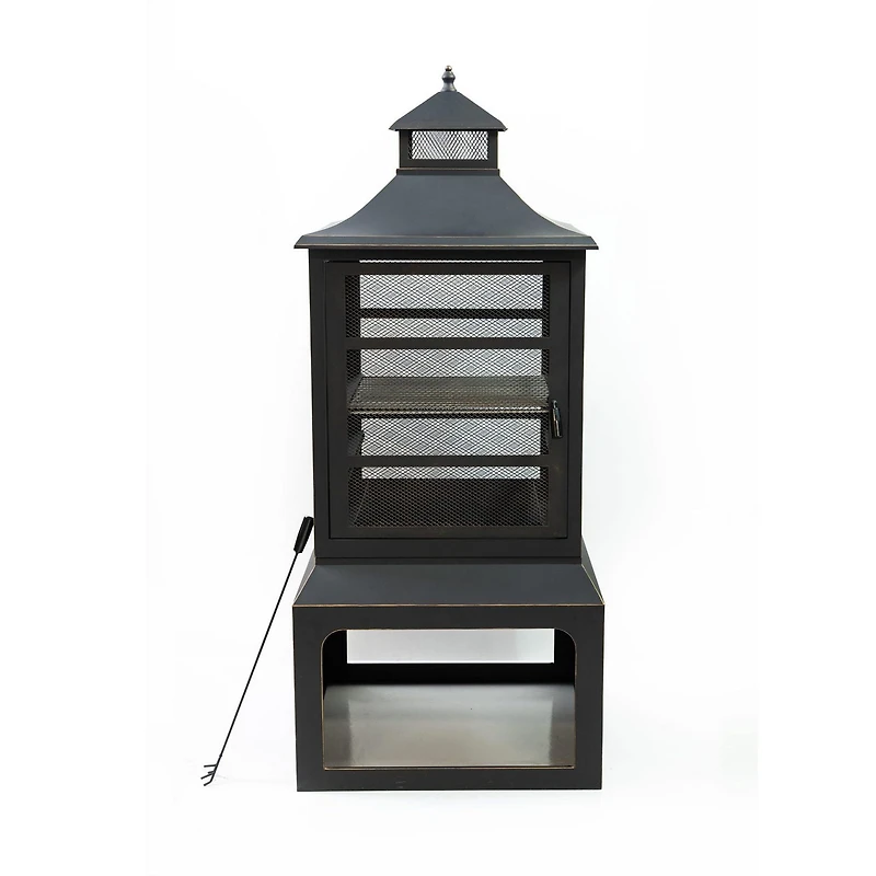 Deko Living 26" Square Outdoor Steel Wood Burning Fireplace with Cast Iron Cooking Grill, Log Storage and Poker