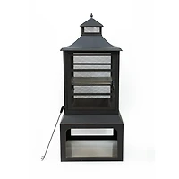 Deko Living 26" Square Outdoor Steel Wood Burning Fireplace with Cast Iron Cooking Grill, Log Storage and Poker