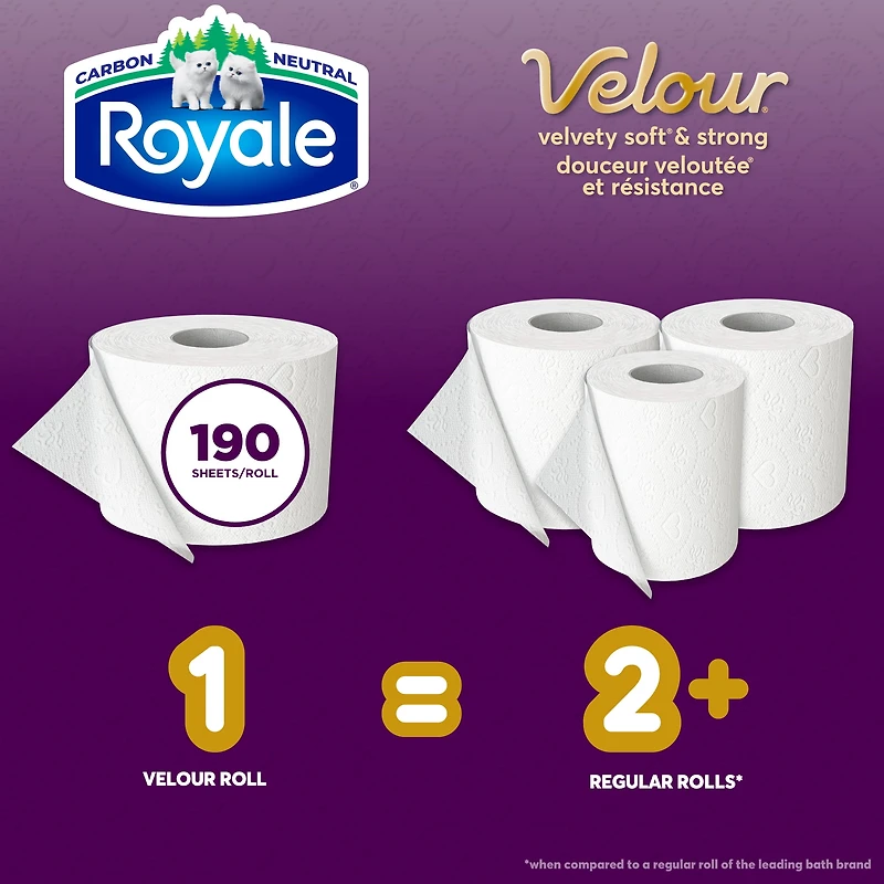 Royale Papier Hygiénique Velour, 30 équivalant à 80 rouleaux 2 épaisseurs, 190 feuilles de papier hygiénique par roul.