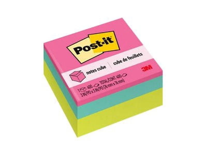 Cube de feuillets 2027-BRT Post-it®, couleurs vives, 76 mm x 76 mm (3 po x 3 po), 1 cube/paquet, 400 feuillets/cube