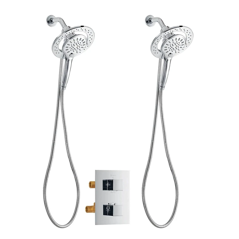 The akuaplus® square thermostatic valve with 4-way diverter, 2 magnetic handshowers or simultaneously.  Hand shower 3 settings with Push-Buttom and a swiveling shower head.  Chrome finish