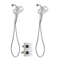 The akuaplus® square thermostatic valve with 4-way diverter, 2 magnetic handshowers or simultaneously.  Hand shower 3 settings with Push-Buttom and a swiveling shower head.  Chrome finish