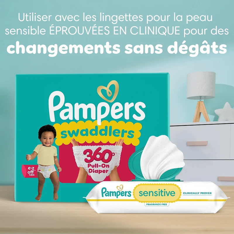 Pampers Couches - Swaddlers 360° - Taille 7, jusqu'à 100 % Anti-Fuites, Ajustement Confortable et Sec, Onglets EZ Off Conçus pour des Changements Faciles, Couche à Enfiler