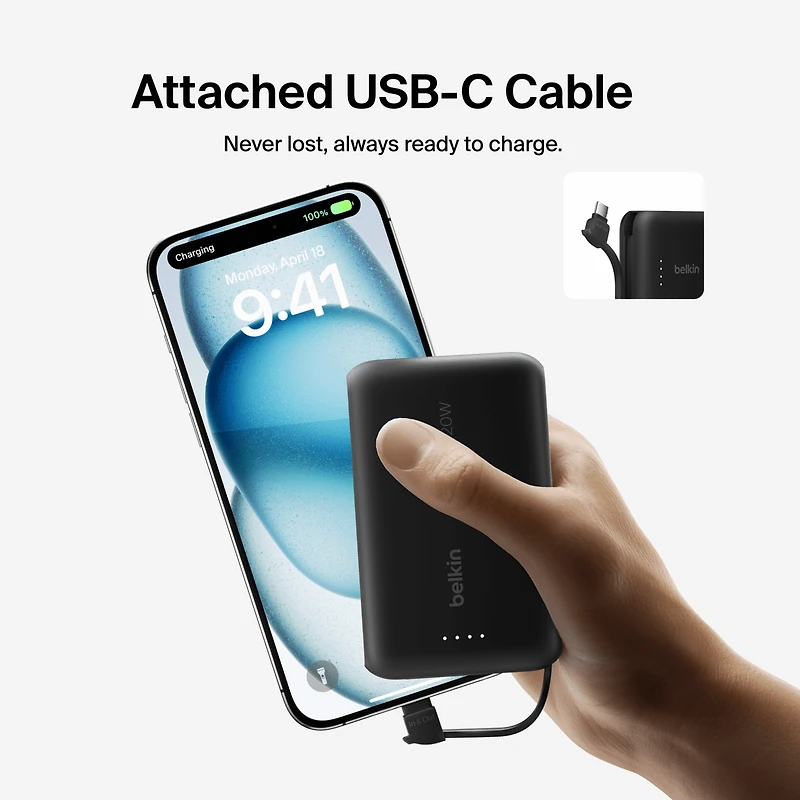 Belkin BoostCharge Portable Power Bank, 2.2in/5.7cm Integrated Cable 10,000mAh PD 20W Fast Charge USB-C Power Delivery, Portable iPhone Charger for iPhone 15 Series, iPad Pro, Galaxy S24 & More Black, BEL 10K 20W CABLE PWRBNK BLK