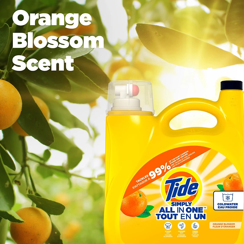 Détergent à lessive liquide Tide Simply Tout-en-un, parfum Fleur d’oranger, 70 brassées, 2,72 L