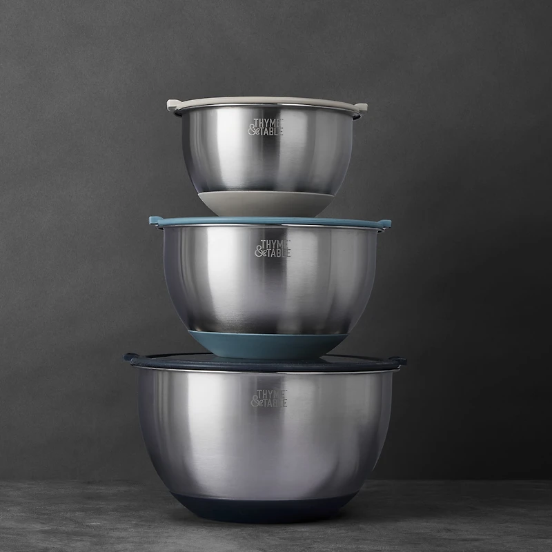 Ensemble de 6 bols à mélanger emboîtables Thyme & Table avec couvercles transparents à prise facile - Bleu