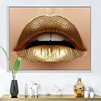 Designart Close Up of Female Plump Lips With Golden Lipstick FLOAT FRAME WALL ART