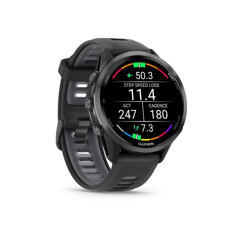 Montre intelligent GPS Garmin Forerunner® 970 - Titane DLC gris carbone avec boîtier noir et bracelet blanc translucide