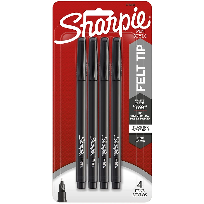 Sharpie Felt Tip Pens, Fine Point (0.4 mm), Black Ink, 4 Count
