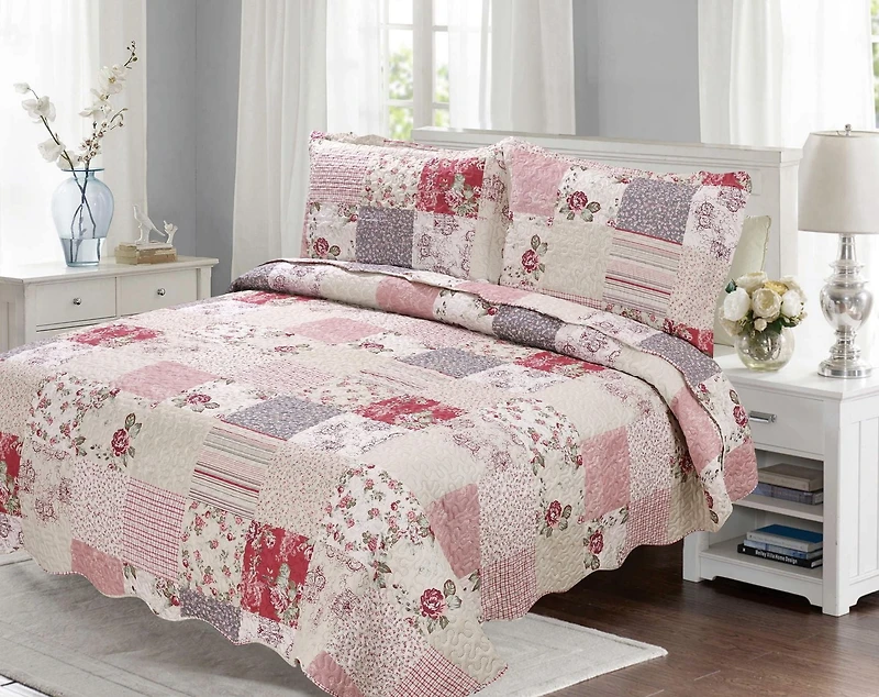 Marina Decoration Embossed Pinsonic Coverlet Bedspread Soft Bedding Summer Printed Quilt Set with Shams, Pink Purple Cream Floral Plaid Pattern