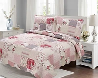 Marina Decoration Embossed Pinsonic Coverlet Bedspread Soft Bedding Summer Printed Quilt Set with Shams, Pink Purple Cream Floral Plaid Pattern