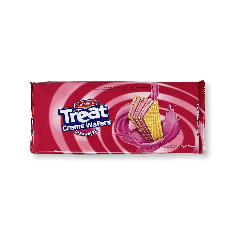 BRITANNIA TREAT WAFER STRAWBERRY Treat yourself to the delicious taste of Britannia Treat Creme Wafers Candy. This classic candy is made with a perfect combination of wafer and creme layers, making it a delicious treat for any occasion. The crunchy and sweet flavor of these wafers will satisfy your craving for something sweet. Per