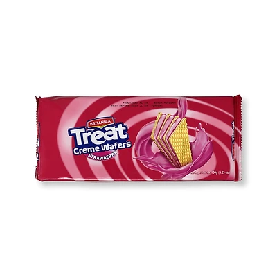 BRITANNIA TREAT WAFER STRAWBERRY Treat yourself to the delicious taste of Britannia Treat Creme Wafers Candy. This classic candy is made with a perfect combination of wafer and creme layers, making it a delicious treat for any occasion. The crunchy and sweet flavor of these wafers will satisfy your craving for something sweet. Per