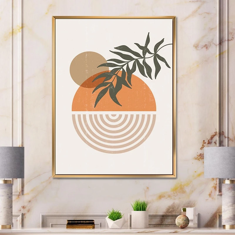 Designart Soleil géométrique abstrait et lune avec feuille I ART MURAL À CADRE FLOTTÉ