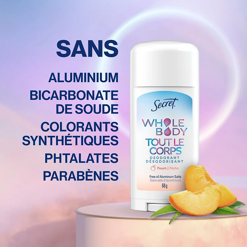 Désodorisant en bâton Secret Tout le corps sans aluminium pour femmes avec notes de pêche et de vanille 68G