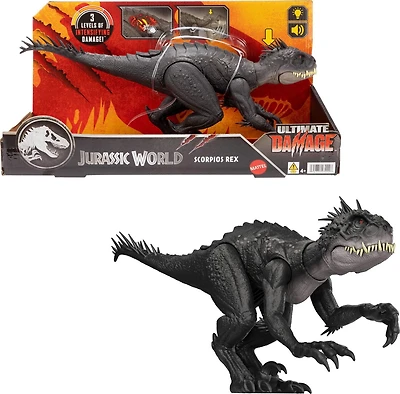 Jurassic World Ultimate Damage Scorpios Rex Dinosaur Toy Figure with Damage, Light & Sound Toy, Ages 4Y+